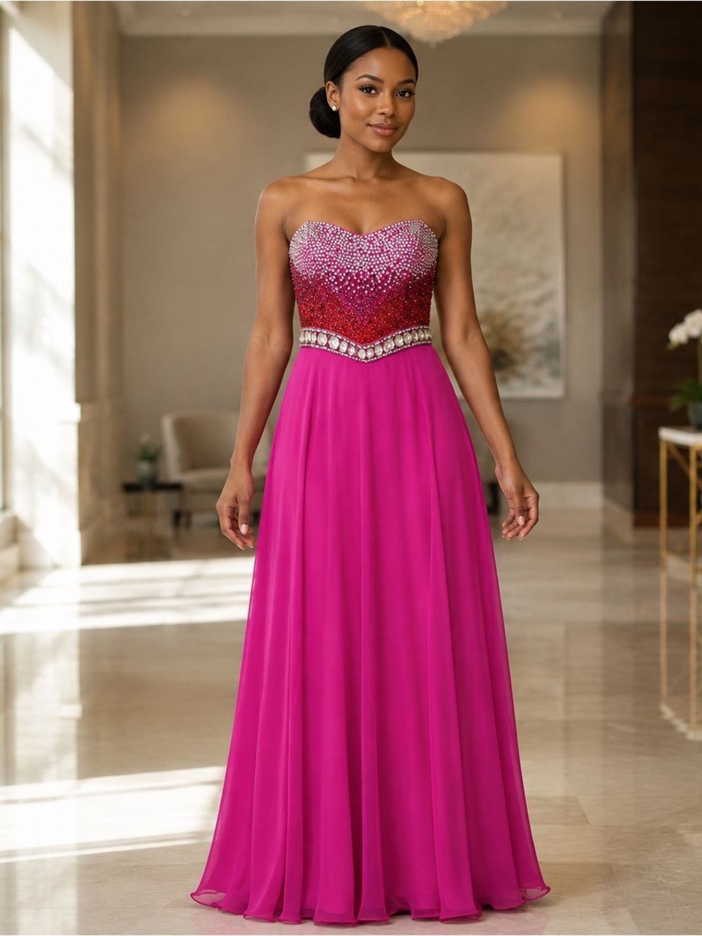 Sherri Hill Fuchsia Rhinestone Strapless Chiffon Prom Gown Size 4